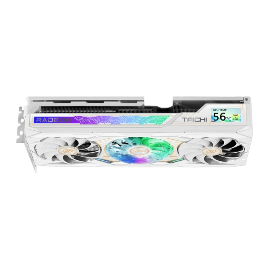 ASRock Radeon RX 9070 XT Taichi White OC 16GB blanca, vista frontal plana: pantalla LCD con temperatura GPU, tres