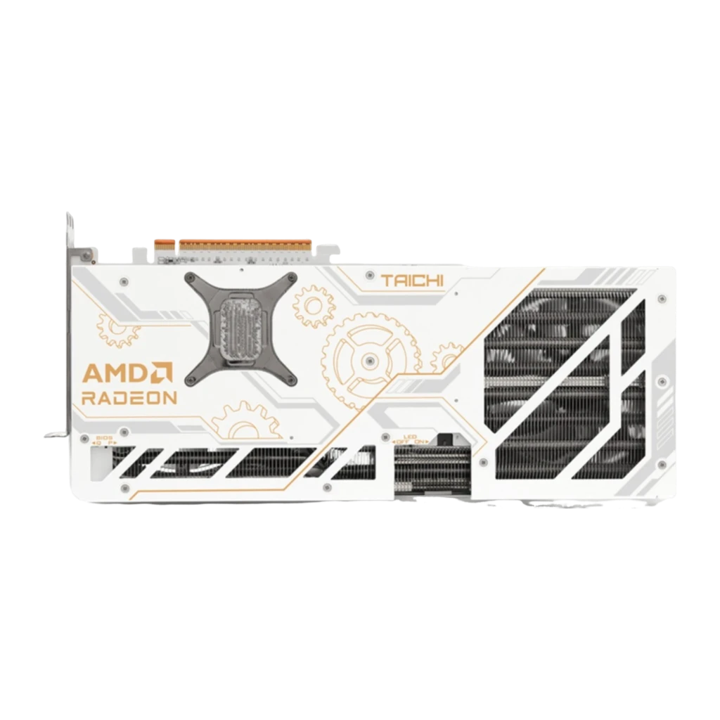 ASRock Radeon RX 9070 XT Taichi White OC 16GB blanca, vista trasera: backplate blanco con logo AMD Radeon, engranajes