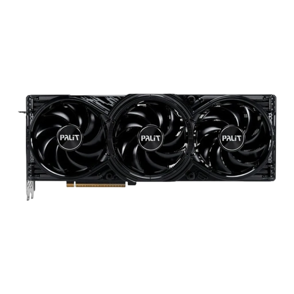 Palit GeForce RTX 5080 GamingPro OC 16GB negro, vista frontal: tres ventiladores con logo PALiT y conector PCIe dorado