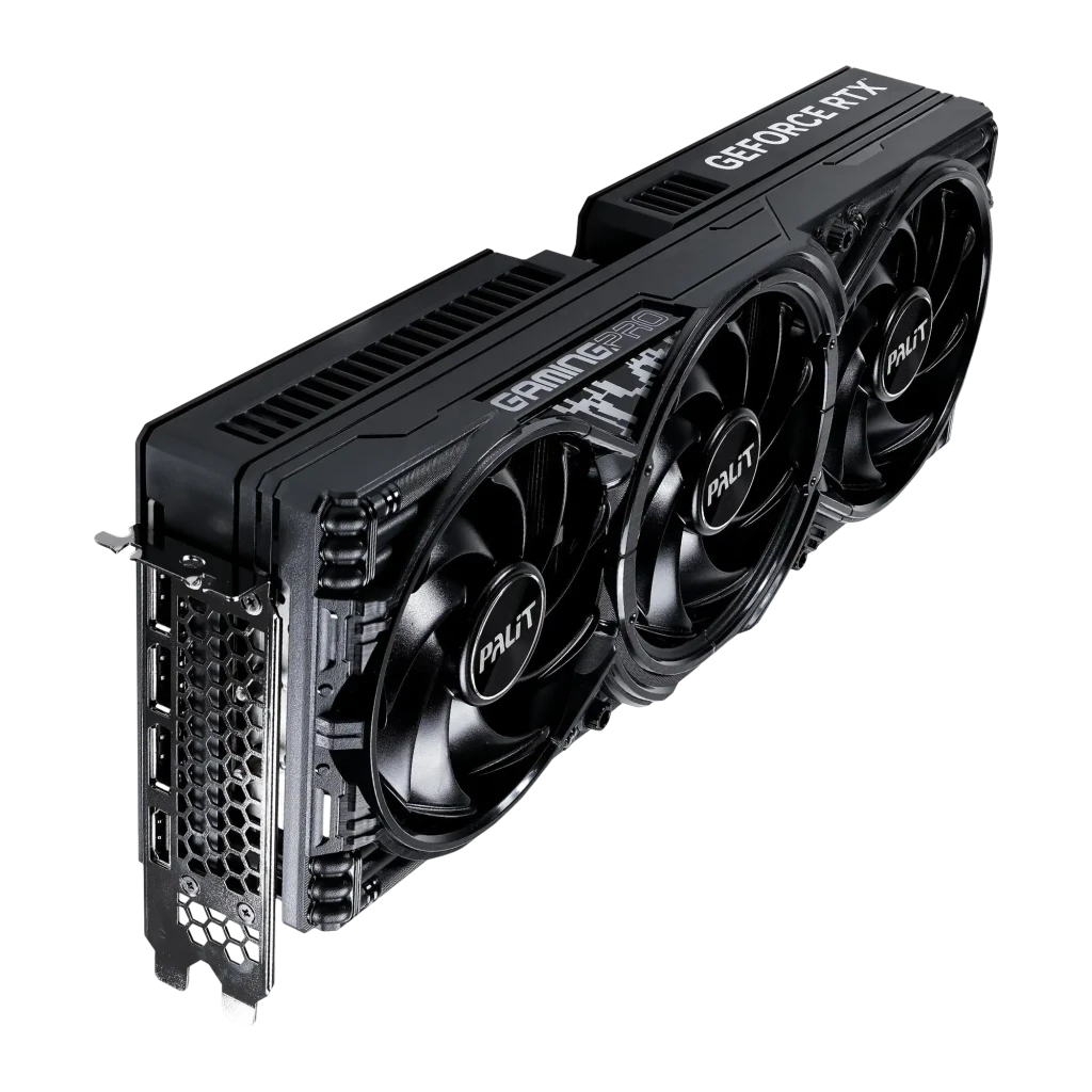 Palit GeForce RTX 5080 GamingPro OC 16GB negro, vista en ángulo: tres ventiladores, bracket con puertos y texto GeForce RTX