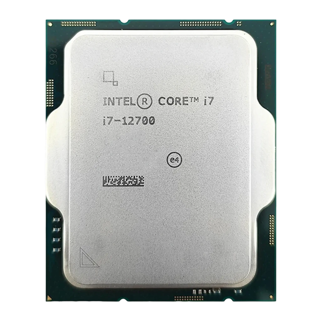 Intel Core i7-12700, vista frontal real: IHS plateado con texto grabado i7-12700, código de barras y marcas e4