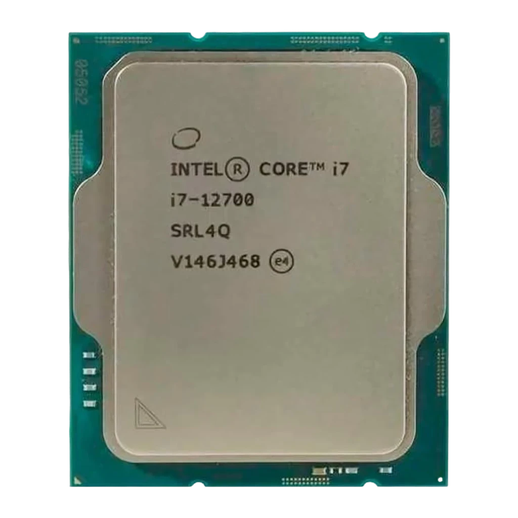 Intel Core i7-12700, vista frontal detalle: IHS plateado con número de serie SRL4Q y código V146J468 visibles