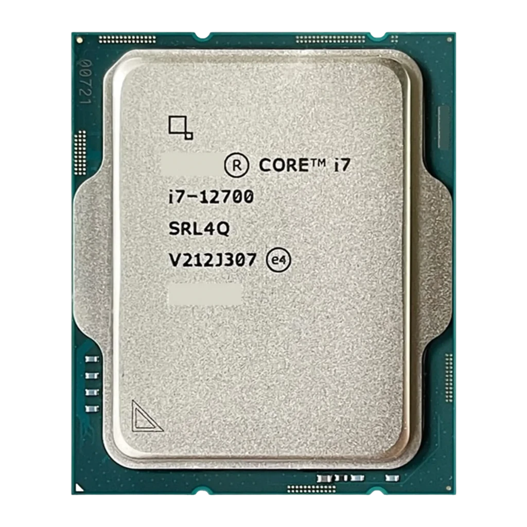 Intel Core i7-12700, vista frontal variante: IHS plateado texturizado con código V212J307 y número SRL4Q grabados