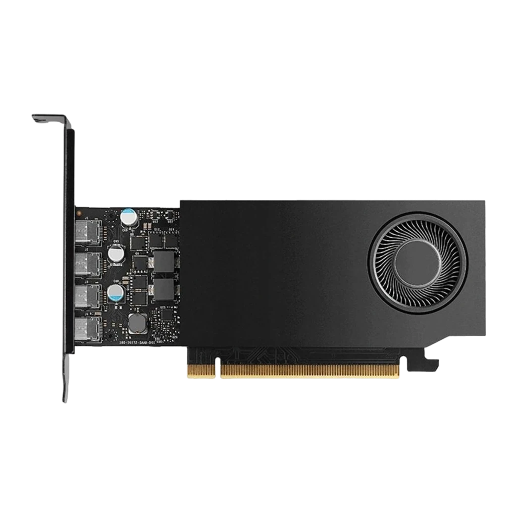 PNY NVIDIA RTX A400 4GB Negro, vista frontal: disipador negro, ventilador radial y PCB con conector PCIe dorado