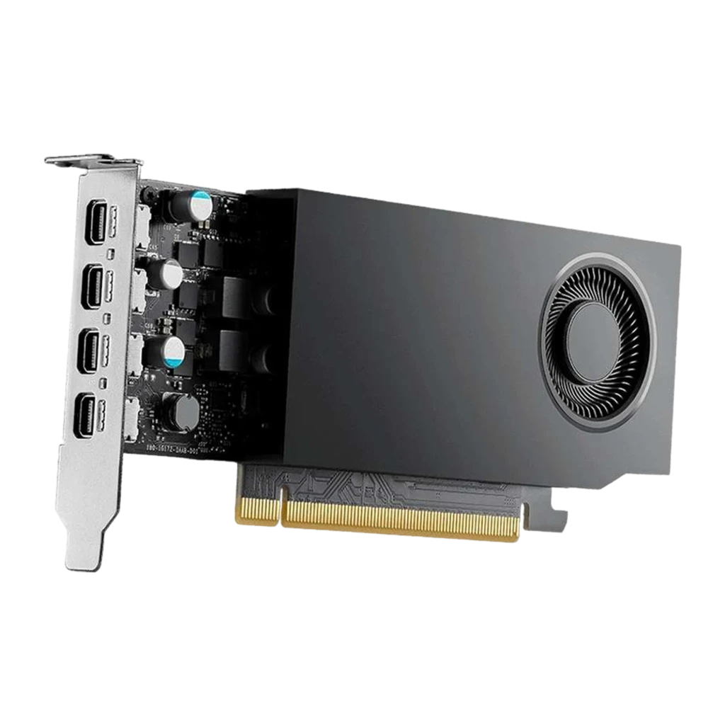 PNY NVIDIA RTX A400 4GB Negro, vista en perspectiva: 4 puertos DisplayPort en bracket y conector PCIe dorado visible