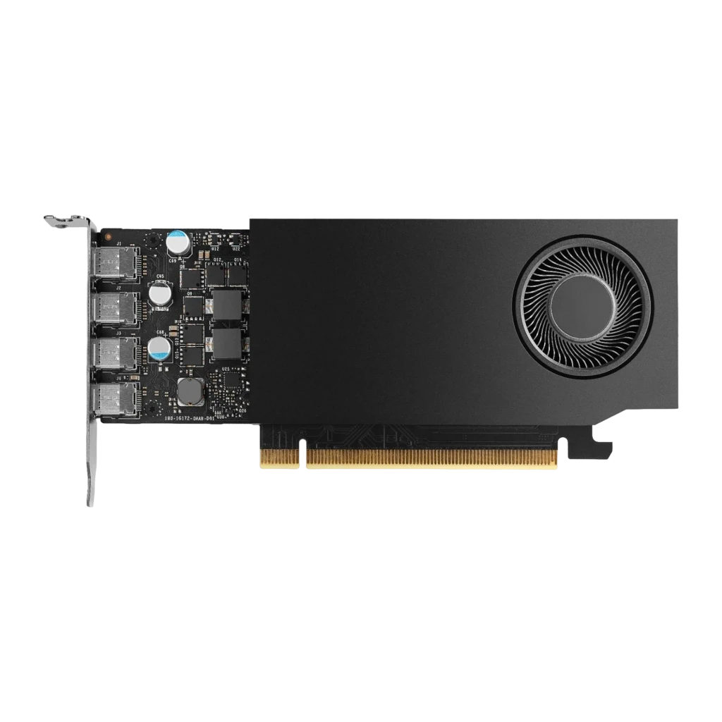PNY NVIDIA RTX A400 4GB Negro, vista frontal con bracket bajo perfil: 4 puertos DisplayPort apilados y ventilador radial