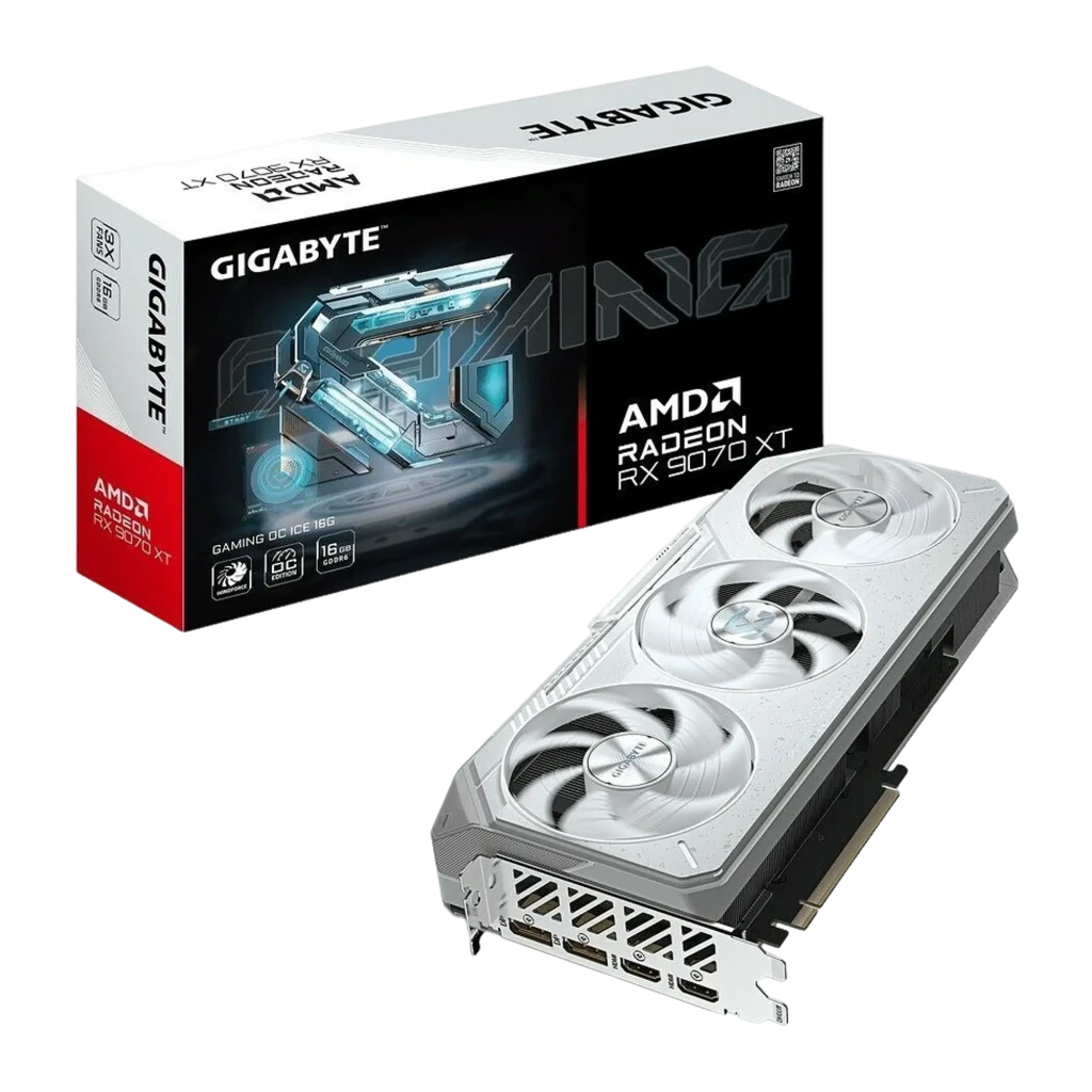 Gigabyte Radeon RX 9070 XT Gaming OC Ice 16 GB blanco, kit con caja: tarjeta blanca con tres ventiladores junto a caja