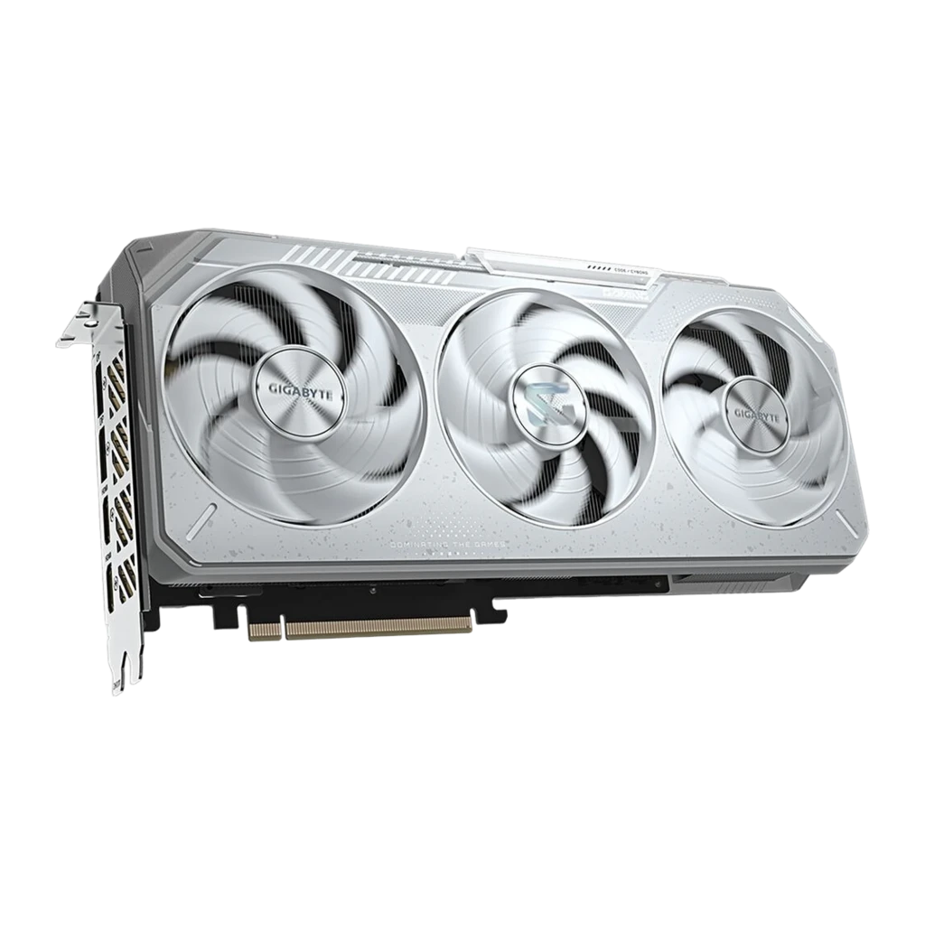 Gigabyte Radeon RX 9070 XT Gaming OC Ice 16 GB blanco, vista frontal en ángulo: tres ventiladores blancos en movimiento y