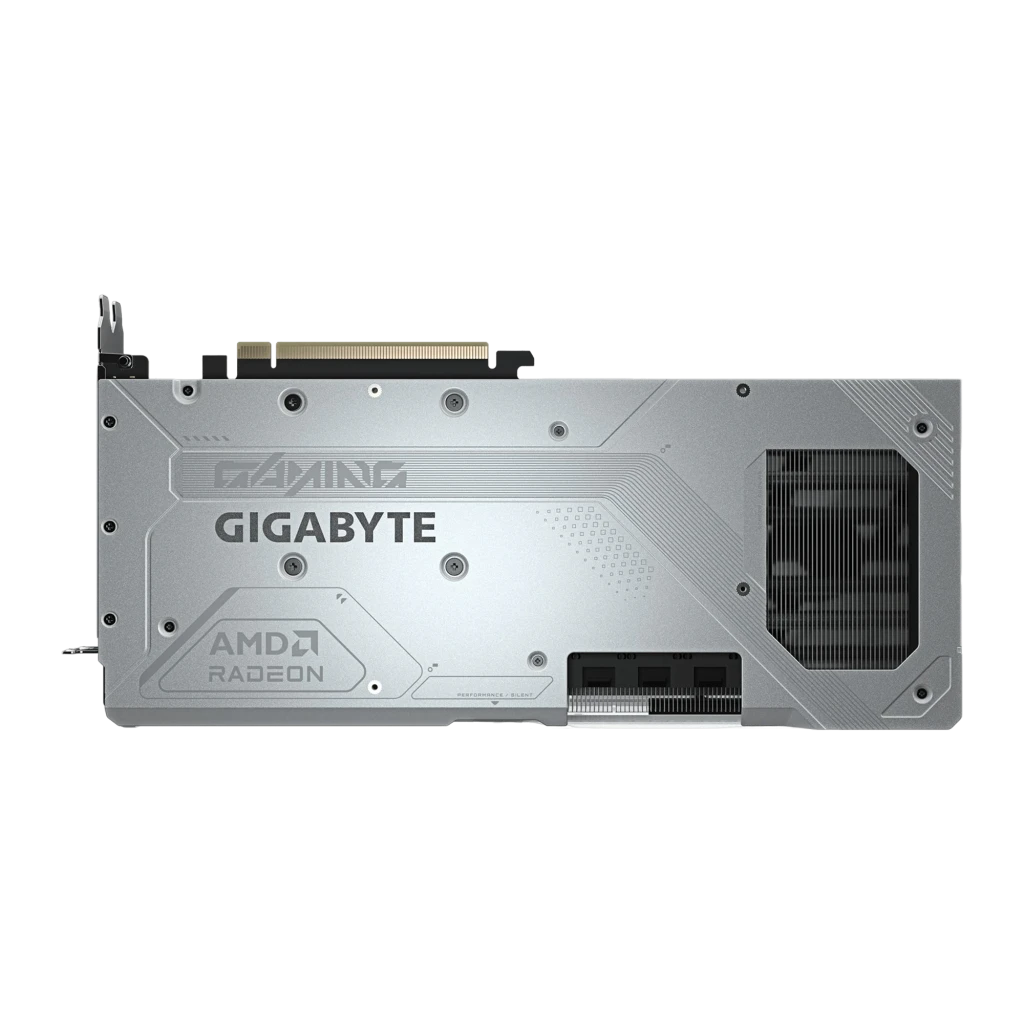 Gigabyte Radeon RX 9070 XT Gaming OC Ice 16 GB blanco, vista trasera: backplate plateado con logo GIGABYTE, AMD Radeon y