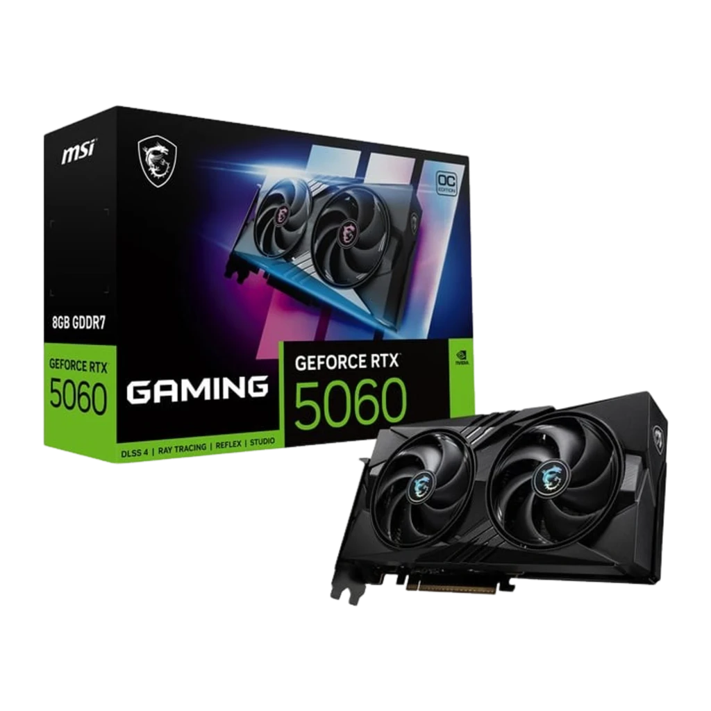 MSI GeForce RTX 5060 Gaming OC 8GB noir, kit boîte et carte: angle légèrement différent montrant le connecteur