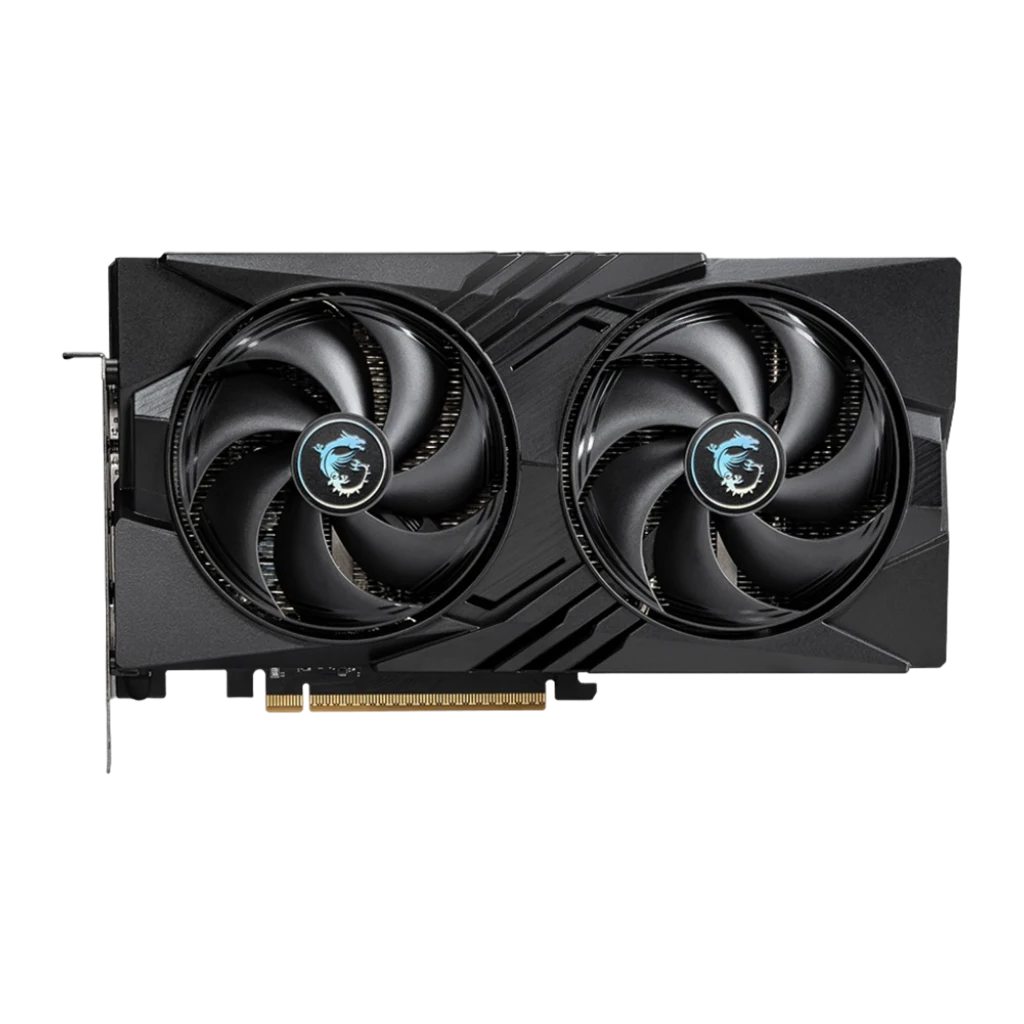 MSI GeForce RTX 5060 Gaming OC 8GB noir, vue avant: deux ventilateurs avec logo dragon bleu sur shroud noir