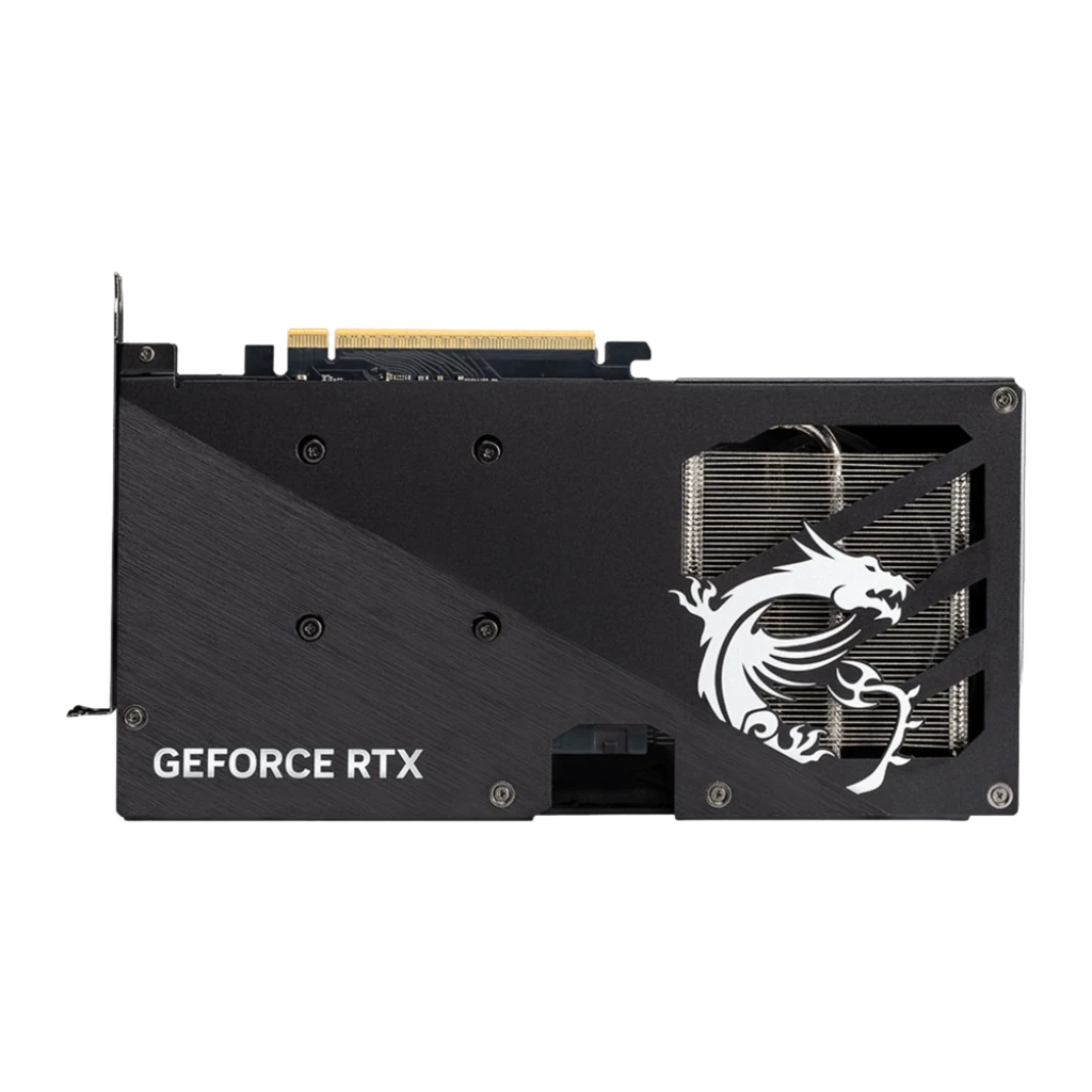 MSI GeForce RTX 5060 Gaming OC 8GB noir, vue arrière: backplate avec dragon blanc, texte GeForce RTX et dissipateur exposé