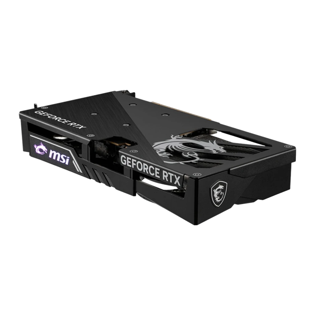 MSI GeForce RTX 5060 Gaming OC 8GB noir, vue latérale en angle: logo MSI éclairé violet, bracket et texte GeForce RTX
