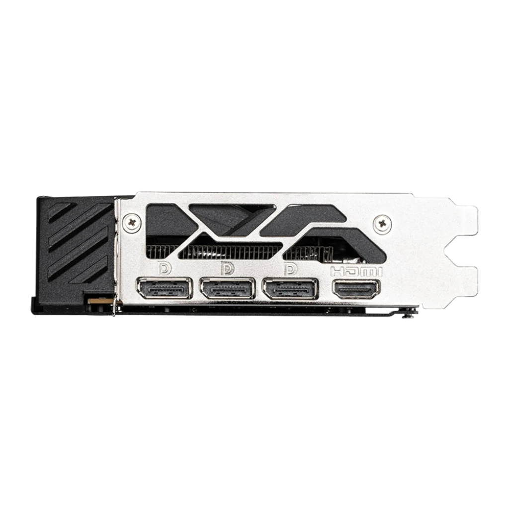 MSI GeForce RTX 5060 Gaming OC 8GB noir, vue des ports: 3 DisplayPort et 1 HDMI sur bracket métallique argenté
