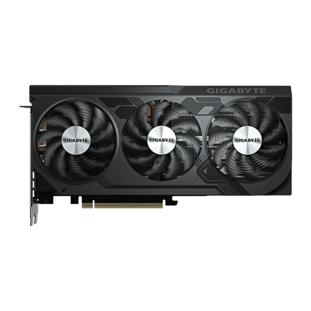 Gigabyte GeForce RTX 5070 Ti Windforce OC V2 16GB noir, vue avant: trois ventilateurs avec logo argenté et shroud noir