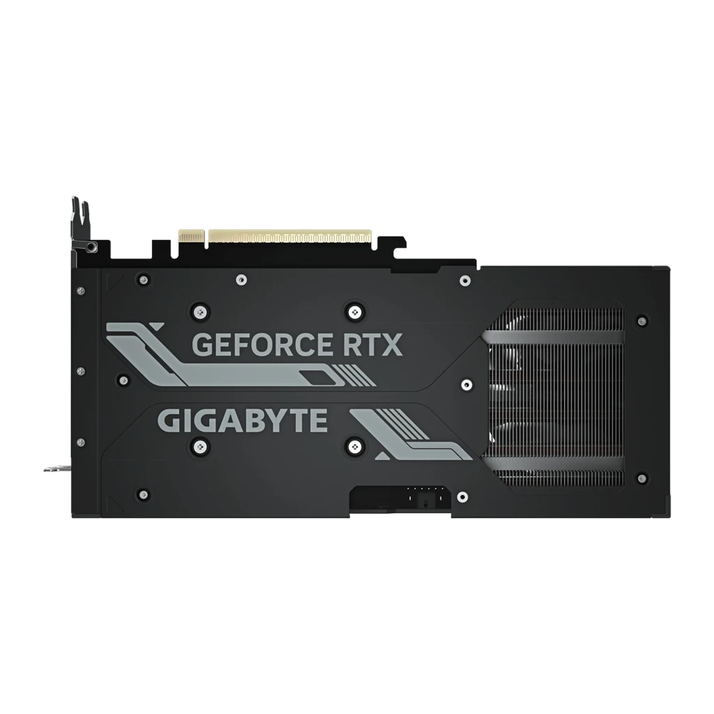 Gigabyte GeForce RTX 5070 Ti Windforce OC V2 16GB noir, vue arrière: backplate avec logo GeForce RTX et dissipateur latéral