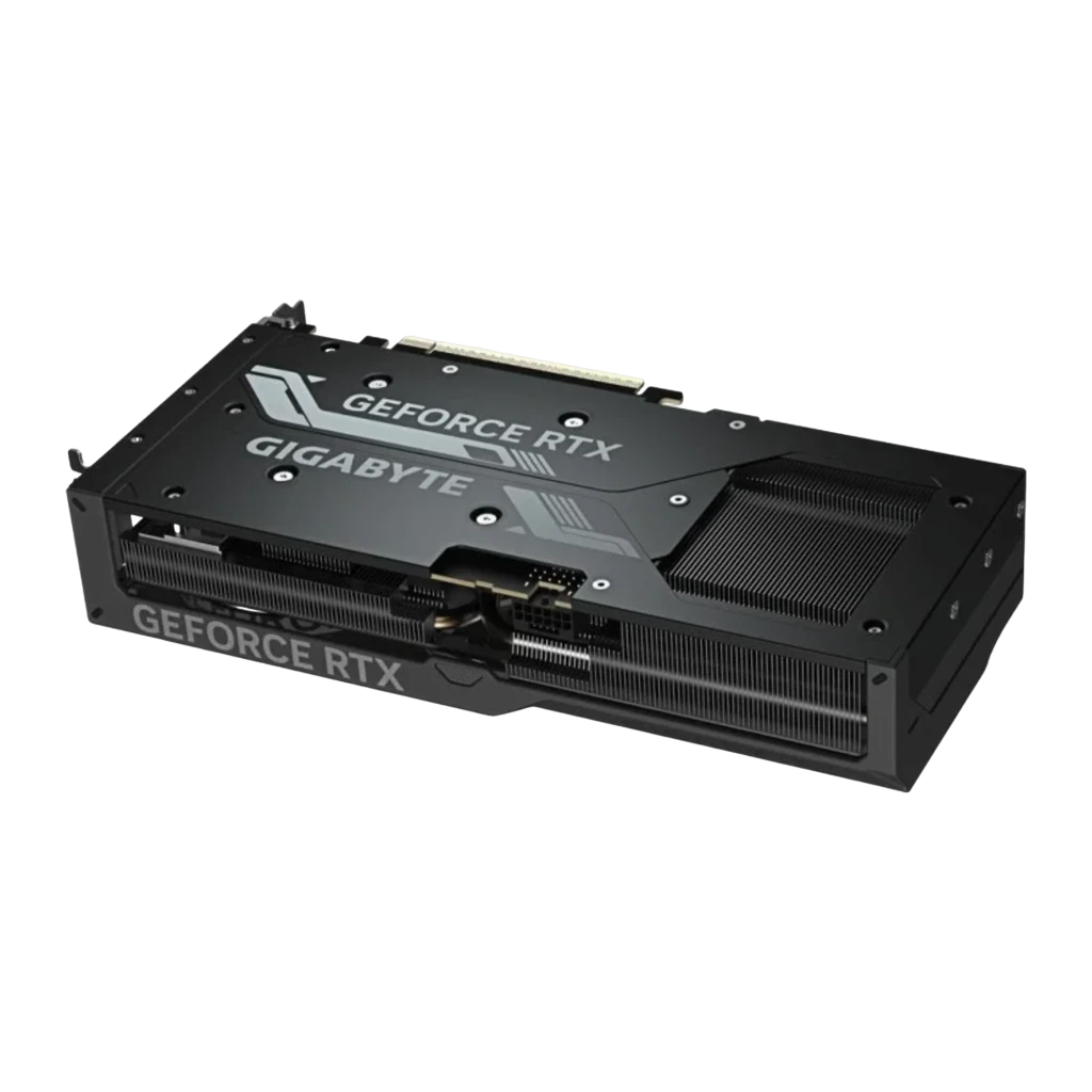 Gigabyte GeForce RTX 5070 Ti Windforce OC V2 16GB noir, angle inférieur arrière: connecteurs d'alimentation, sorties vidéo