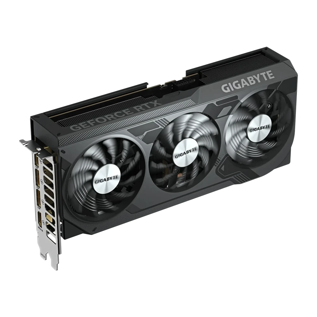 Gigabyte GeForce RTX 5070 Ti Windforce OC V2 16GB noir, angle avant latéral: trois ventilateurs, équerre avec ports et