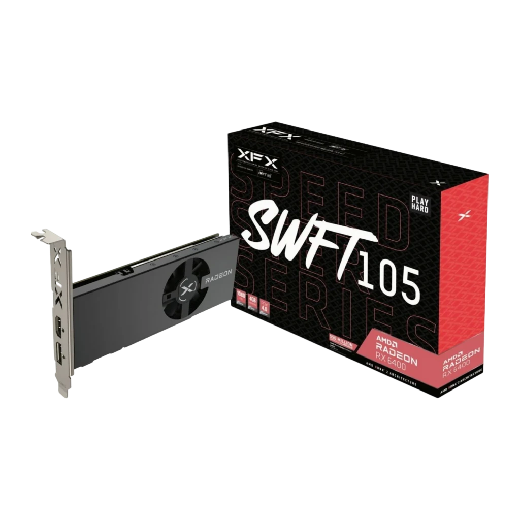 XFX Speedster SWFT105 Radeon RX 6400 4GB negra, kit con caja: tarjeta low-profile y caja SWFT105, vista lateral derecha de