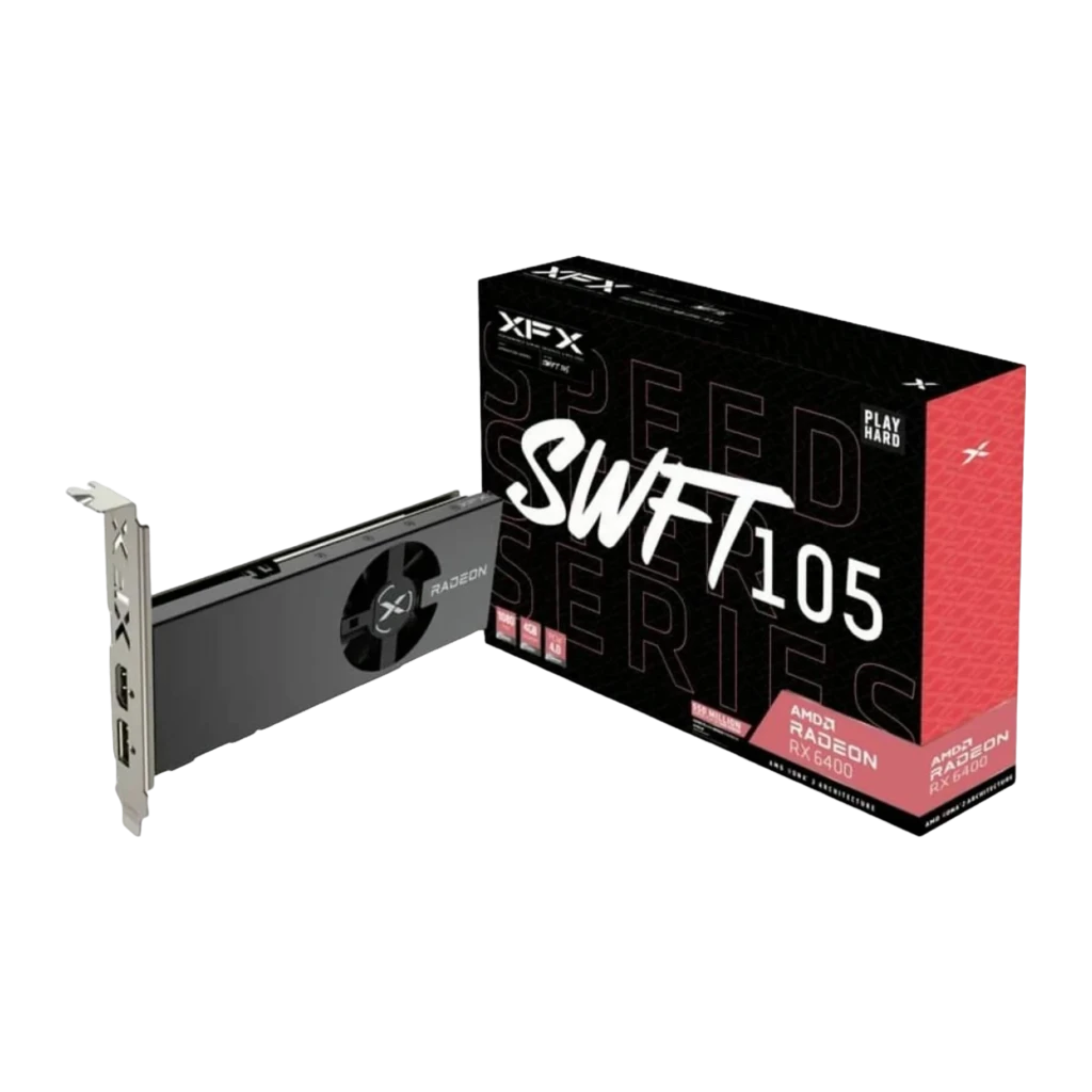 XFX Speedster SWFT105 Radeon RX 6400 4GB negra, kit con caja: tarjeta low-profile y caja SWFT105, lateral rojo de la caja