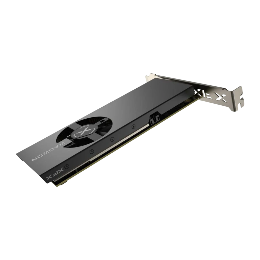 XFX Speedster SWFT105 Radeon RX 6400 4GB negra, vista superior en ángulo: shroud gris con ventilador central y logo X,