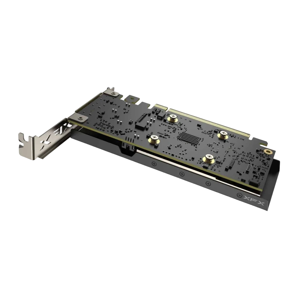 XFX Speedster SWFT105 Radeon RX 6400 4GB negra, vista trasera en ángulo: PCB con componentes dorados, conector PCIe y