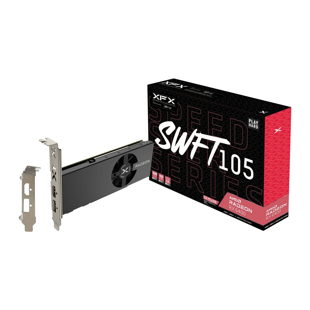 XFX Speedster SWFT105 Radeon RX 6400 4GB negra, contenido de caja: tarjeta gráfica, bracket low-profile separado y caja roja