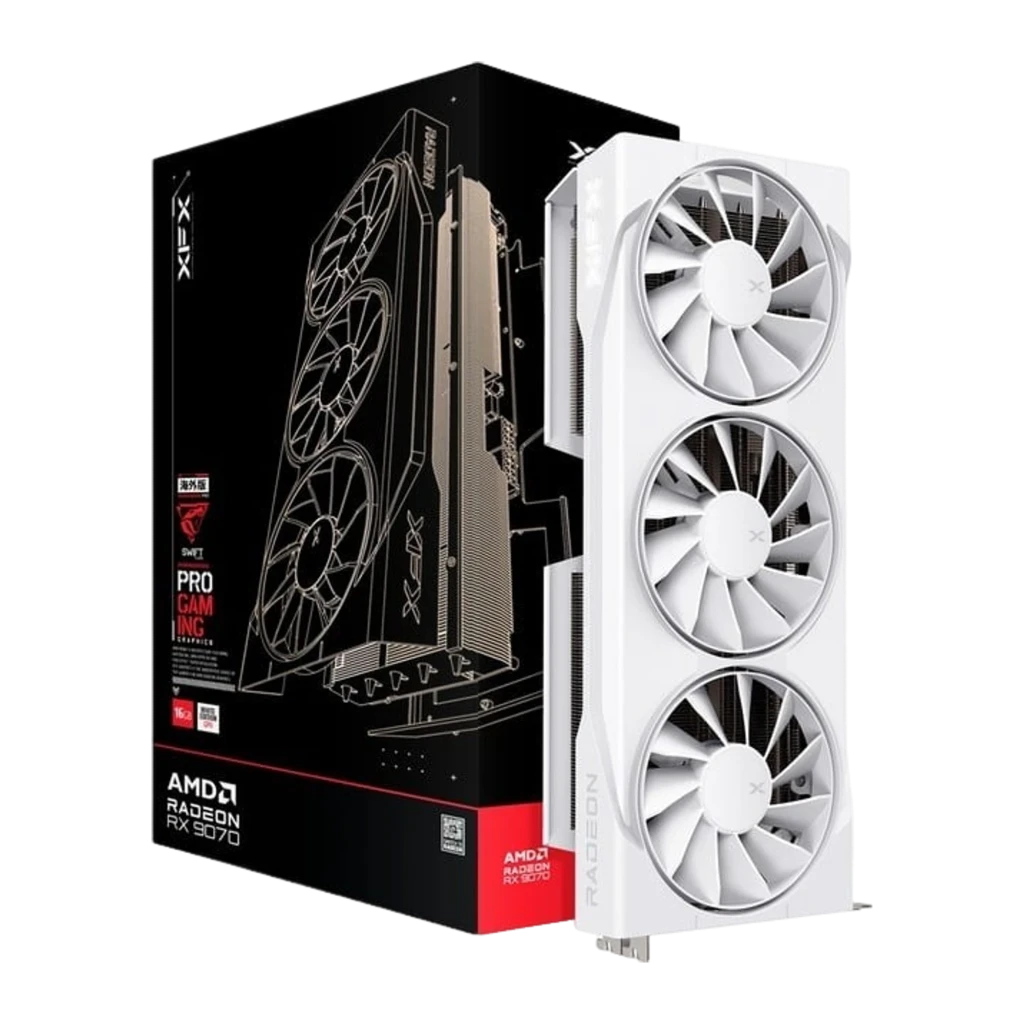 XFX Swift Radeon RX 9070 OC Gaming 16GB blanca, kit con caja: tarjeta vertical junto a caja negra AMD Radeon RX 9070