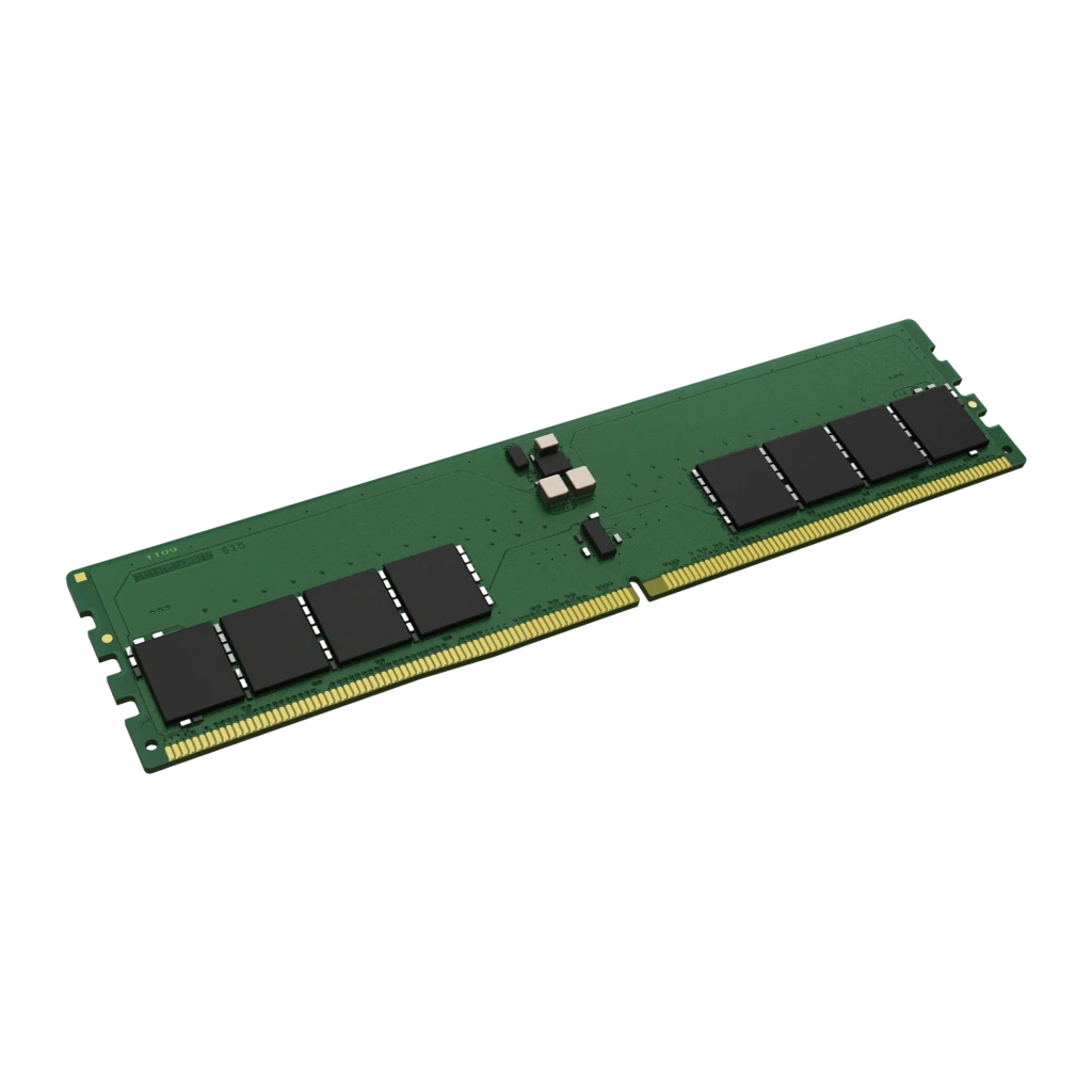 Kingston ValueRAM 32GB DDR5 5600 Oro, vista en ángulo: módulo DIMM 288 pines, PCB verde con chips negros y contactos dorados