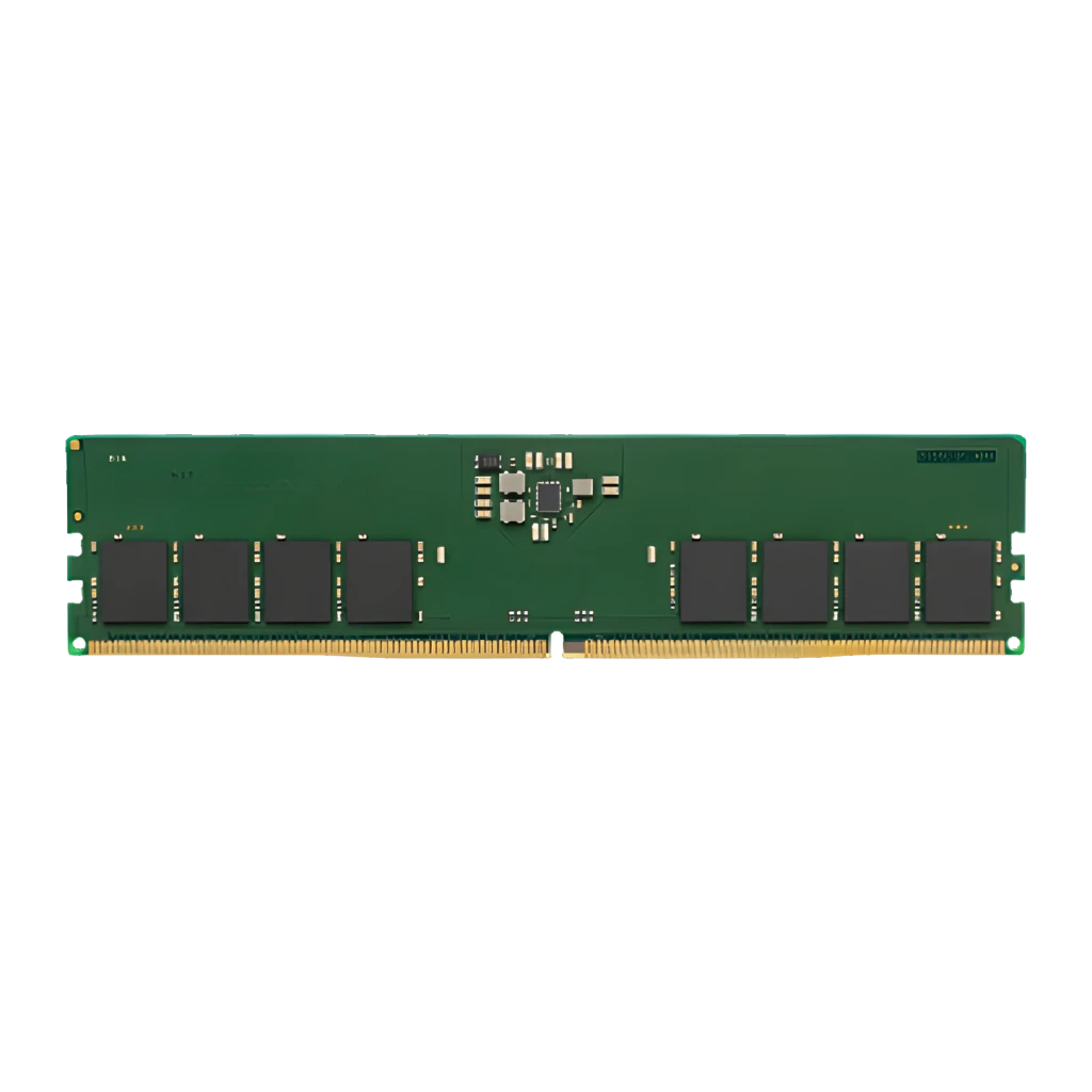 Kingston ValueRAM 32GB DDR5 5600 DIMM, vista frontal: PCB verde con chips negros y contactos dorados