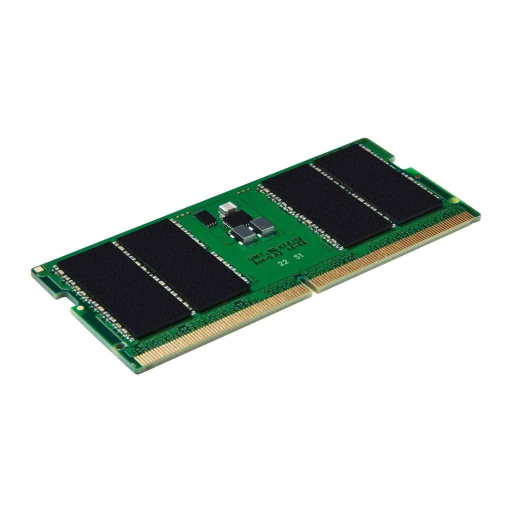 Kingston KVR56S46BS8-32 32GB DDR5 SO-DIMM, vista en perspectiva: PCB verde con chips negros y conector dorado