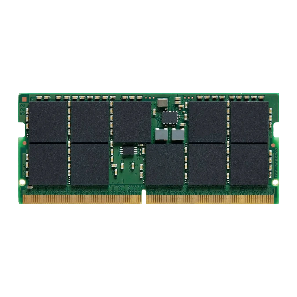 Kingston KVR56S46BS8-32 32GB DDR5 SO-DIMM, vista frontal: cara con 8 chips negros, controlador y componentes SMD visibles