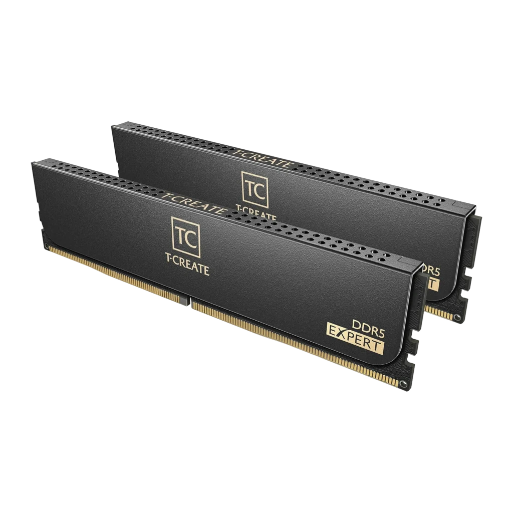 Team Group T-Create Expert DDR5 6000MHz 32GB noir, vue avant en angle: kit 2 modules avec dissipateur noir et logo TC doré,
