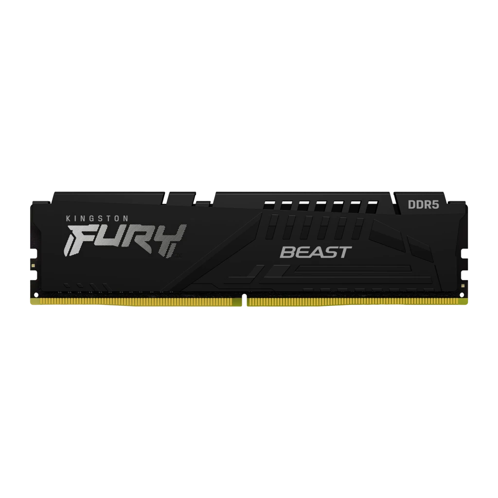 Kingston FURY Beast DDR5 RGB 32GB Noir, vue de face: dissipateur noir avec logo FURY Beast et étiquette DDR5