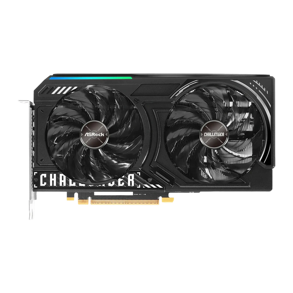 ASRock Intel Arc B580 Challenger OC 12GB negra, frontal: dos ventiladores, logo Challenger y franja RGB azul-verde