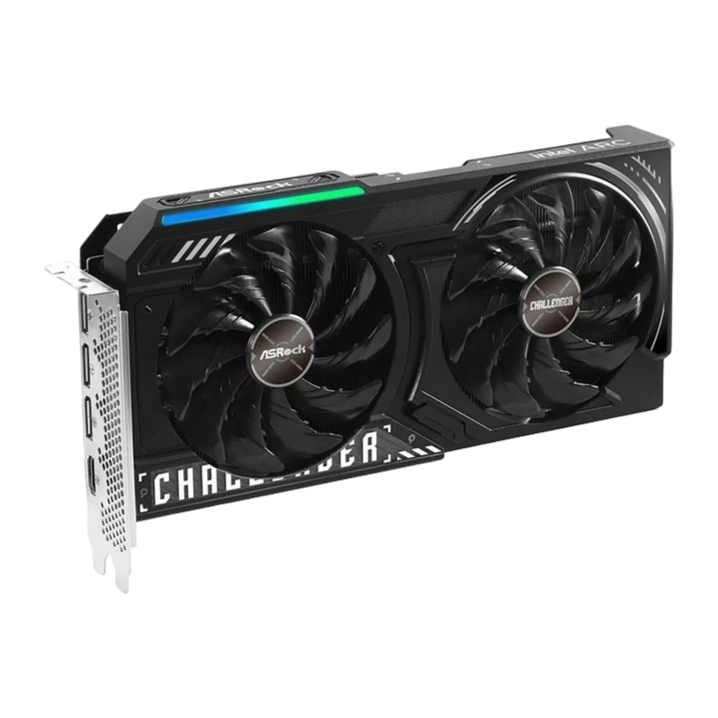 ASRock Intel Arc B580 Challenger OC 12GB negra, vista en ángulo: bracket con puertos y logo Intel ARC visible en canto
