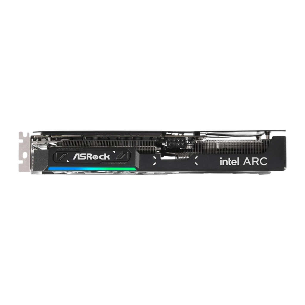 ASRock Intel Arc B580 Challenger OC 12GB negra, vista superior: logo ASRock, Intel ARC, franja RGB y conectores de