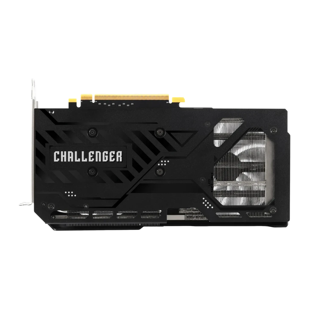 ASRock Intel Arc B580 Challenger OC 12GB negra, parte trasera: backplate con logo Challenger, disipador expuesto y PCIe