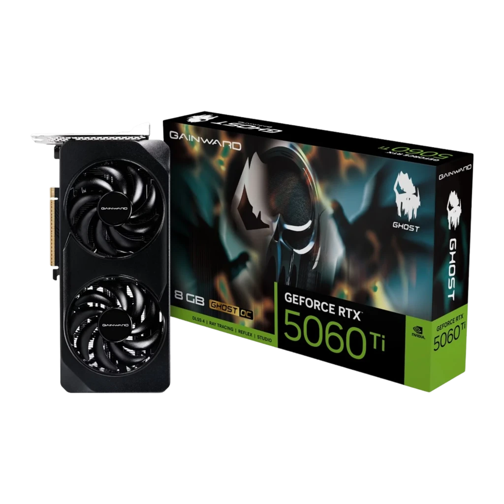 Gainward GeForce RTX 5060 Ti Ghost 8GB noir, kit avec boîte: carte graphique noire à côté de la boîte retail GeForce RTX