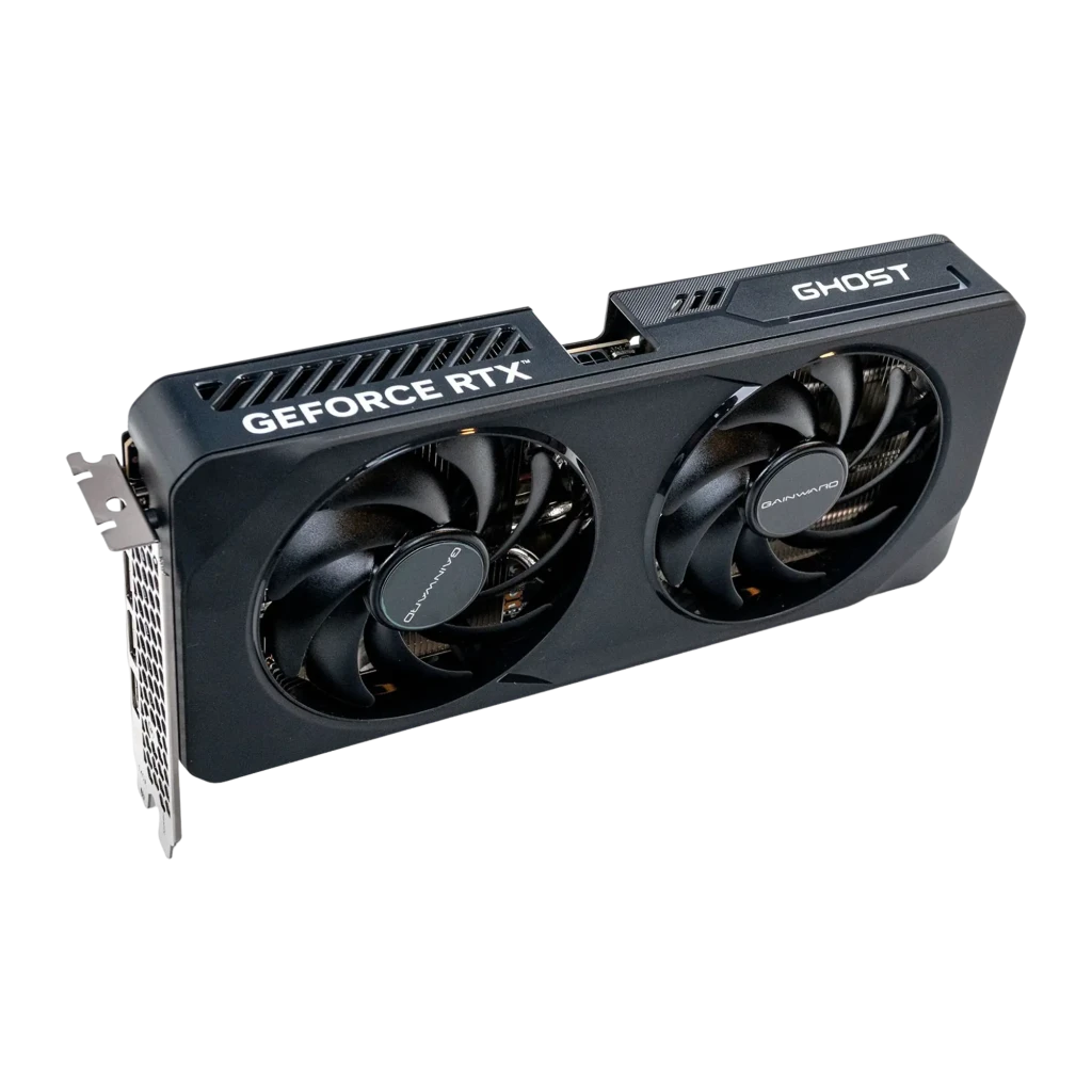 Gainward GeForce RTX 5060 Ti Ghost 8GB noir, vue de face en angle: shroud avec deux ventilateurs, logo GHOST et équerre