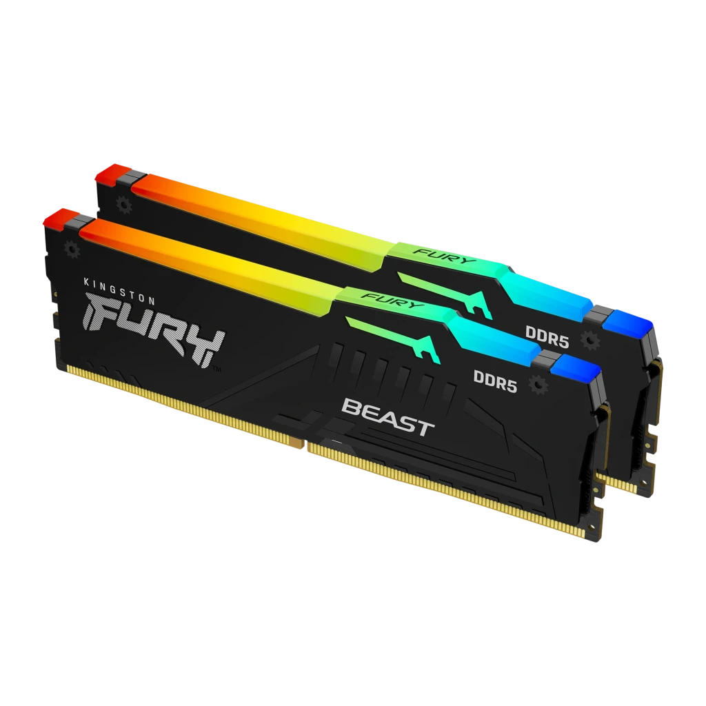Kingston Fury Beast RGB 32GB DDR5 Negro, vista en ángulo: kit 2 módulos con iluminación RGB degradado rojo-verde-azul en