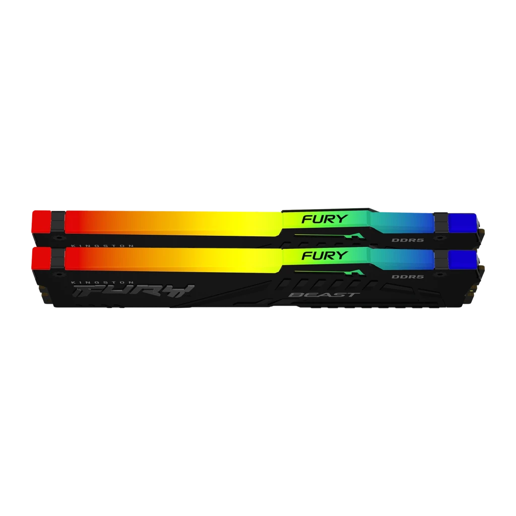 Kingston Fury Beast RGB 32GB DDR5 Negro, vista frontal horizontal: 2 módulos en paralelo mostrando barra RGB y logo FURY