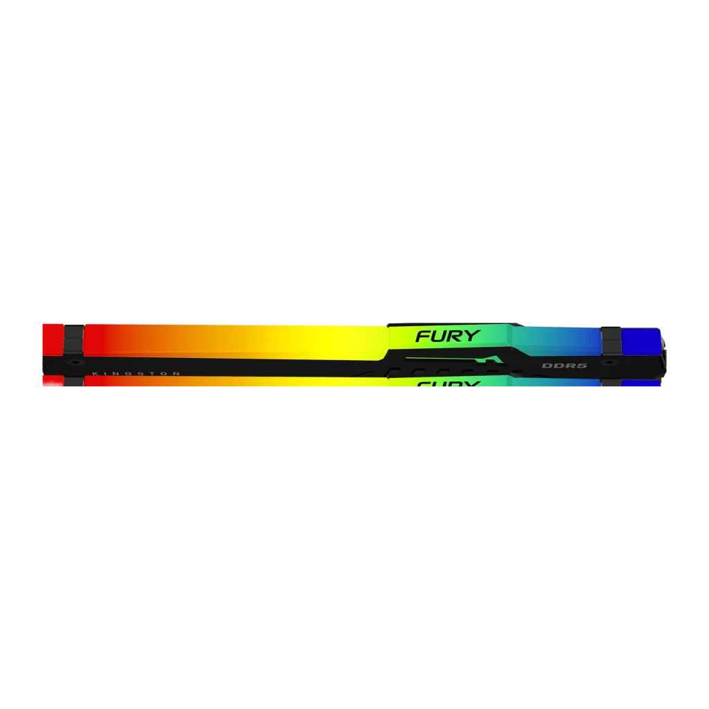Kingston Fury Beast RGB 32GB DDR5 Negro, vista superior perfil: 2 módulos apilados mostrando barra RGB completa rojo a azul