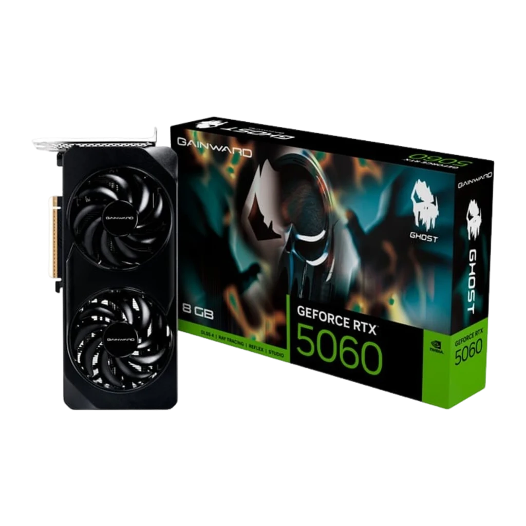 Gainward GeForce RTX 5060 Ghost 8GB OC negro, kit con caja: tarjeta junto a caja Ghost con texto GeForce RTX 5060 8GB
