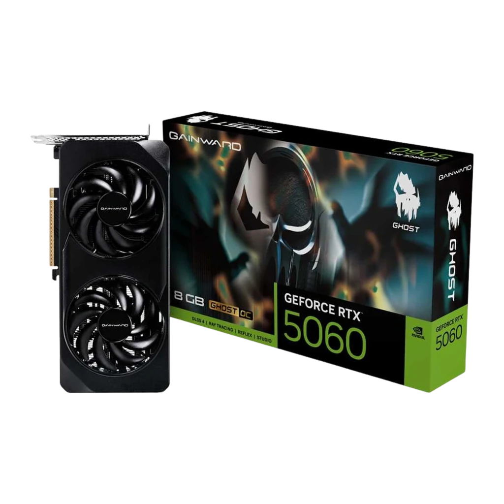 Gainward GeForce RTX 5060 Ghost 8GB OC negro, kit con caja: caja muestra etiqueta Ghost OC y texto DLSS 4 Ray Tracing