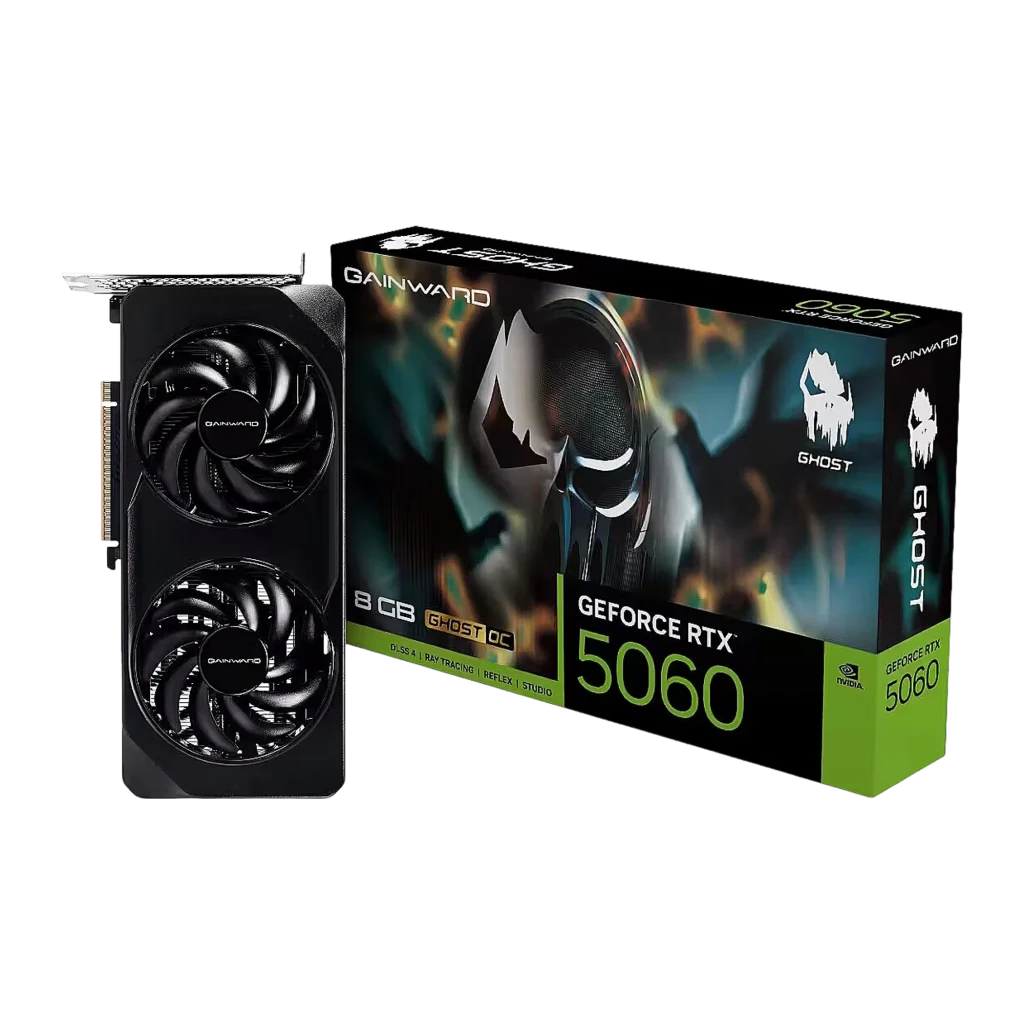 Gainward GeForce RTX 5060 Ghost 8GB OC negro, kit con caja: ángulo ligeramente distinto, ventiladores y caja Ghost OC en