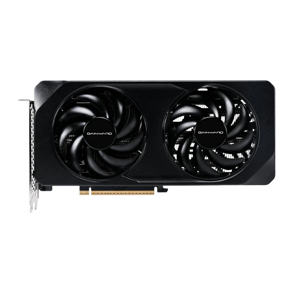 Gainward GeForce RTX 5060 Ghost 8GB OC negro, vista frontal: dos ventiladores con logo Gainward y conector PCIe dorado