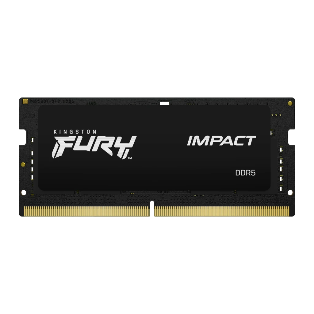 Kingston FURY Impact 32GB DDR5 4800MHz SO-DIMM negro, vista frontal: etiqueta con logo FURY IMPACT y contactos dorados