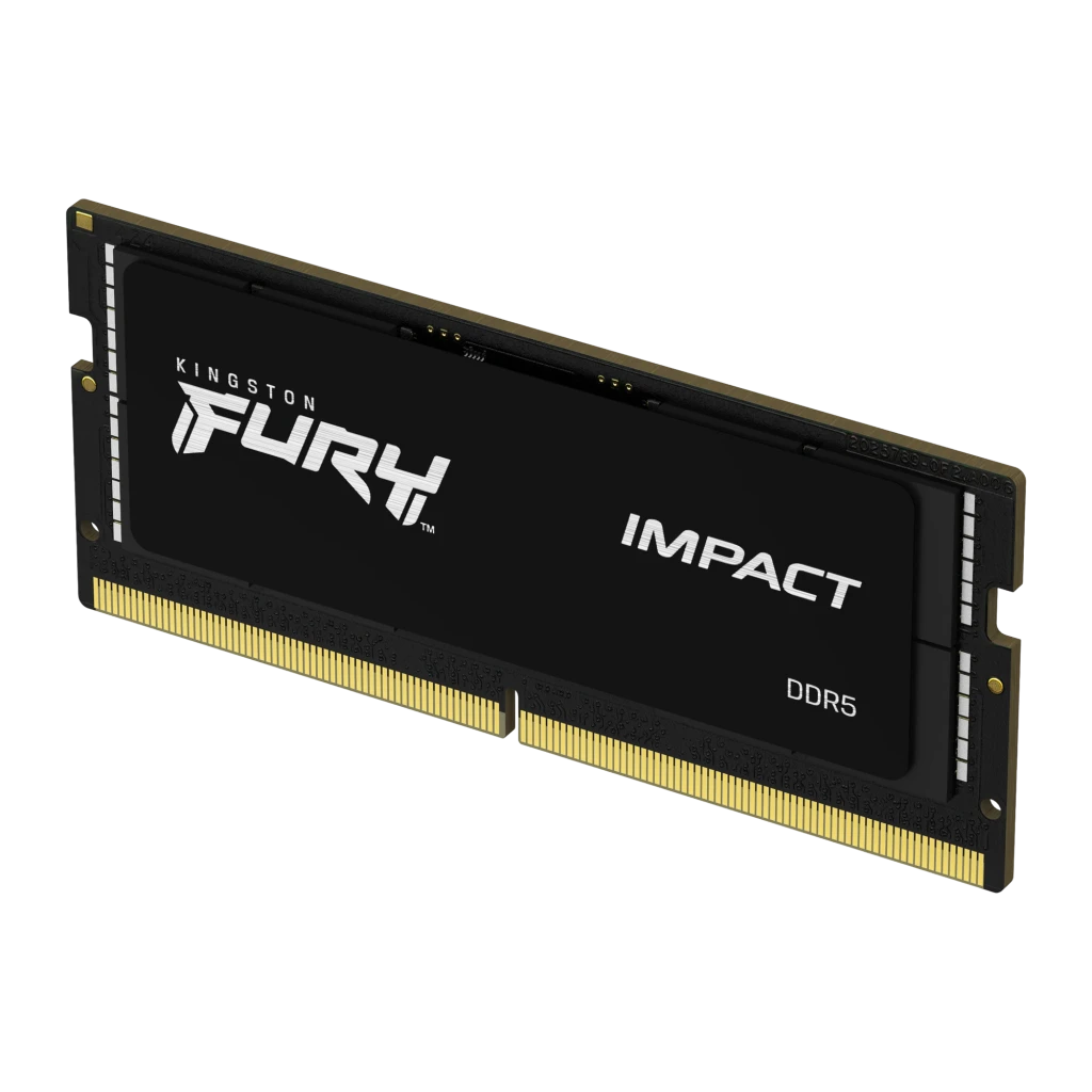 Kingston FURY Impact 32GB DDR5 4800MHz SO-DIMM negro, ángulo tres cuartos: disipador texturizado y lateral del módulo