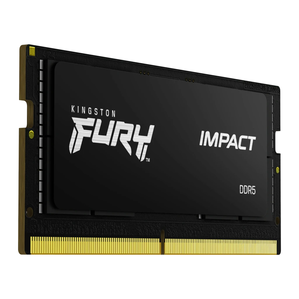 Kingston FURY Impact 32GB DDR5 4800MHz SO-DIMM negro, ángulo frontal elevado: muesca SO-DIMM y contactos dorados en primer